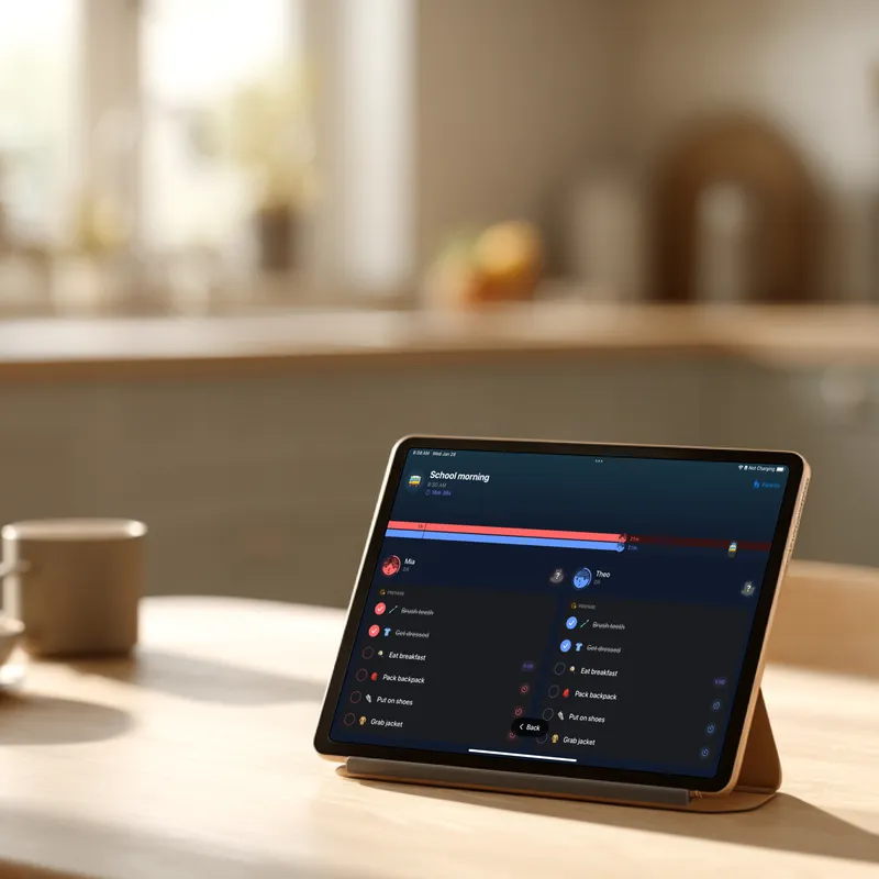 ReadySet app showing a child completing their morning routine with visual countdown
